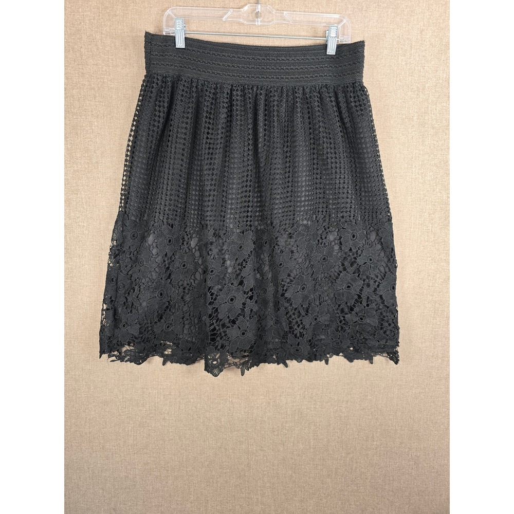 Vintage J Lee Black Floral Lace Smocked Mini Skirt XL Boho Scalloped Hem RN90353